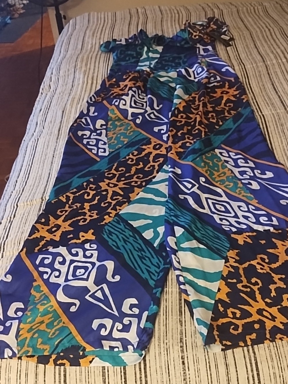 Baby Phat Bold Geometric Wide-Leg Jumpsuit in Blue, Teal & Gold